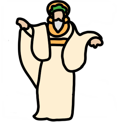 a full-body drawing of a historical druid, shown as a white man with a silver beard and white robes, adorned in gold and with a wreath of green leaves on his head. he is holding up both arms, one hand facing up and the other hand facing down.